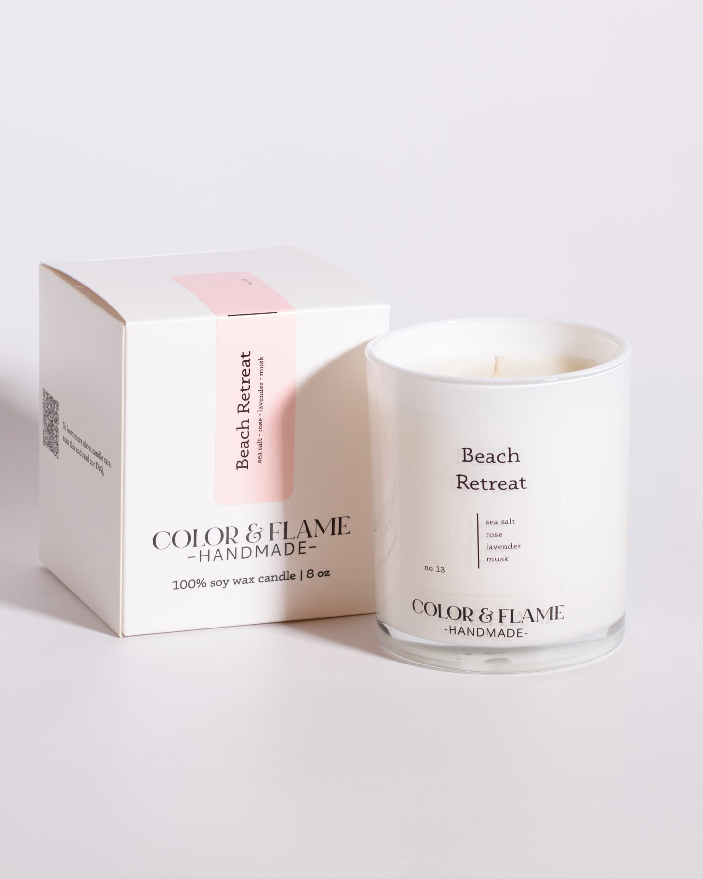 Color & Flame Handmade Beach Retreat Core Collection candle displayed beside its white box.