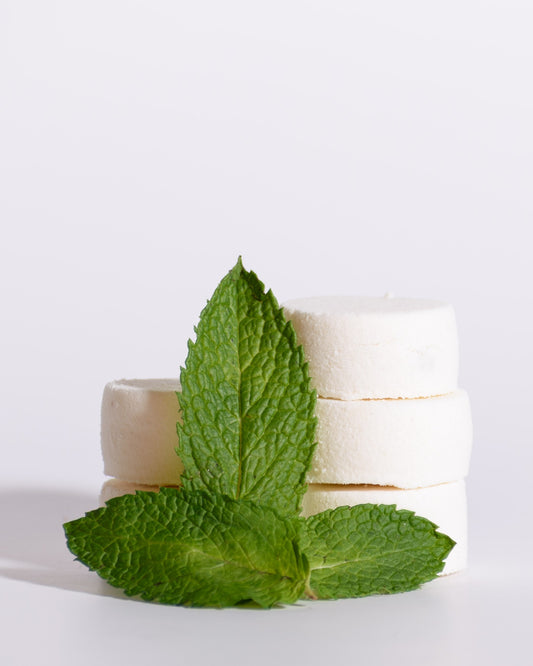 Color & Flame Handmade Peppy Noon Pick-Me-Up peppermint and eucalyptus shower steamers with fresh peppermint.