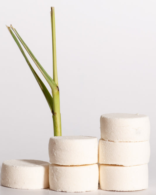 Color & Flame Handmade Wake-Up, Sunshine lemongrass and eucalyptus shower steamers with fresh lemongrass.