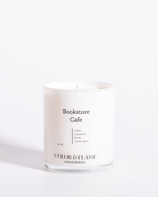 Color & Flame Handmade Bookstore Cafe Core Collection candle in a white glass jar.
