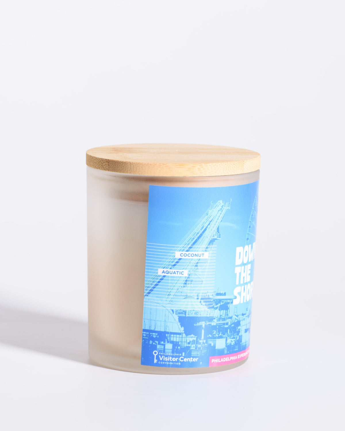 Left-side label view of the Color & Flame Handmade Down the Shore Philadelphia Experiences candle.
