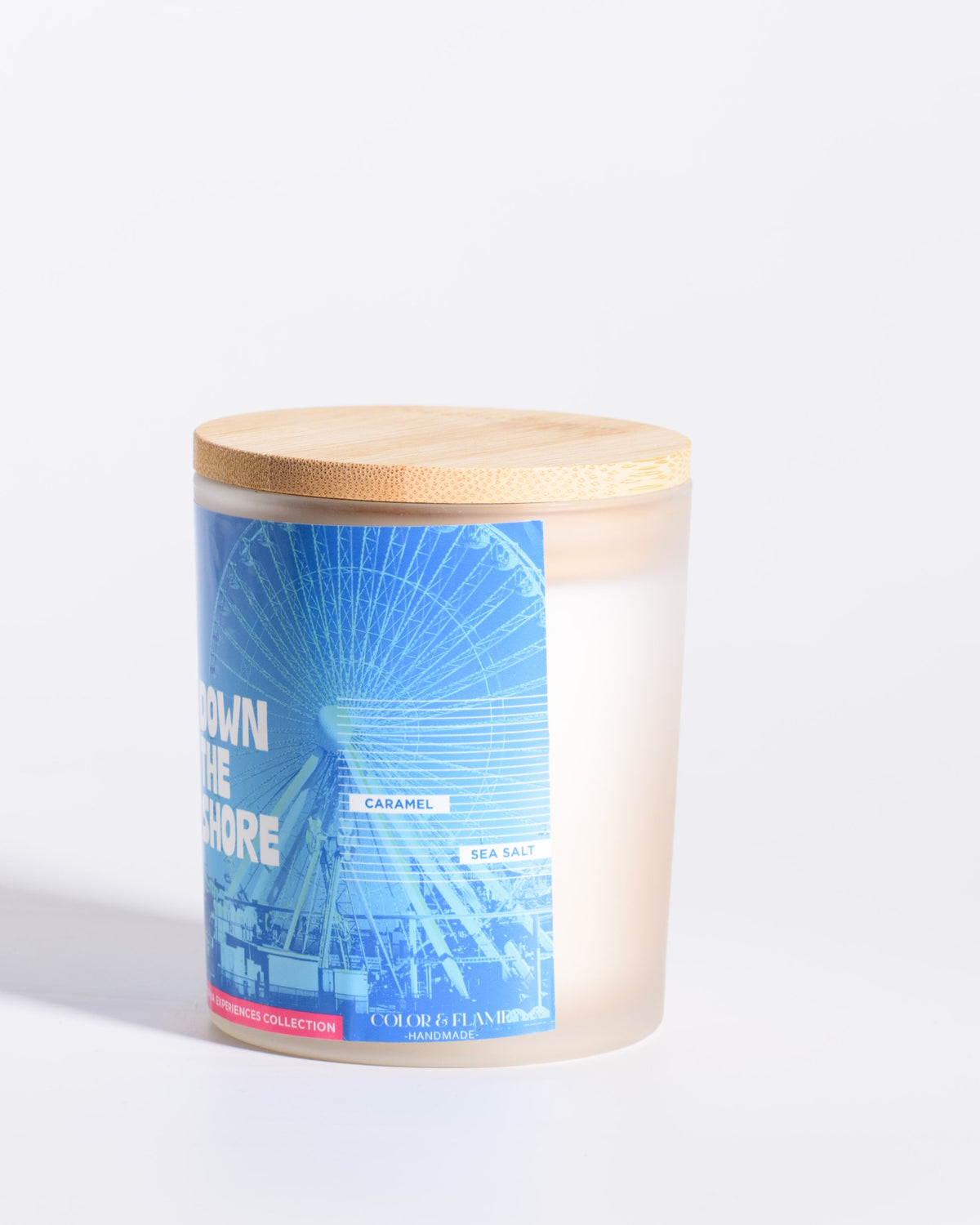 Right-side label view of the Color & Flame Handmade Down the Shore Philadelphia Experiences candle.

