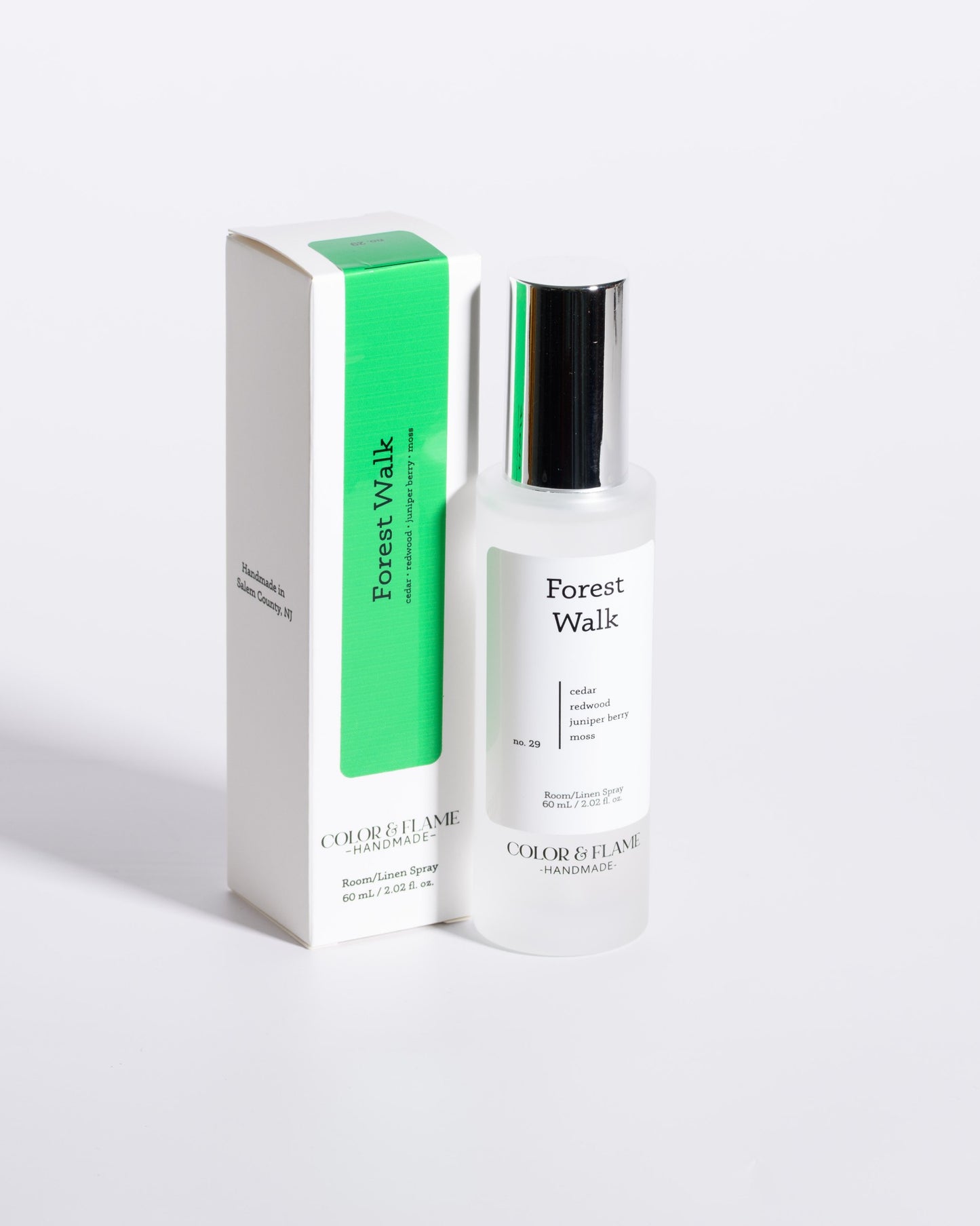 Color & Flame Handmade Forest Walk room and linen spray displayed beside its white box.
