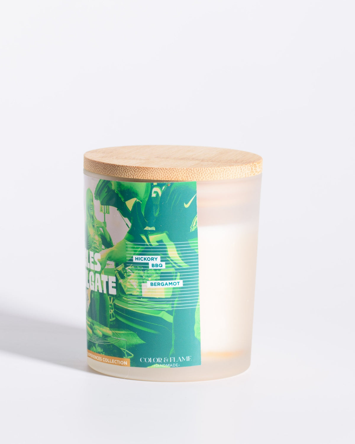 Right-side label view of the Color & Flame Handmade Iggles Tailgate Philadelphia Experiences candle.
