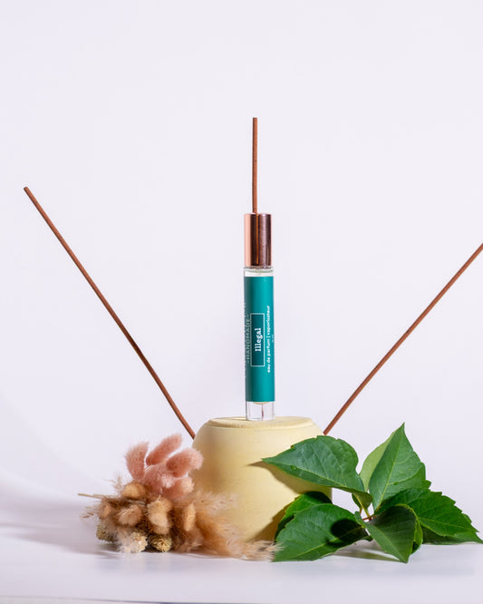 Color & Flame Handmade Illegal perfume spray styled with incense sticks, green leaves, and soft dried botanicals.
