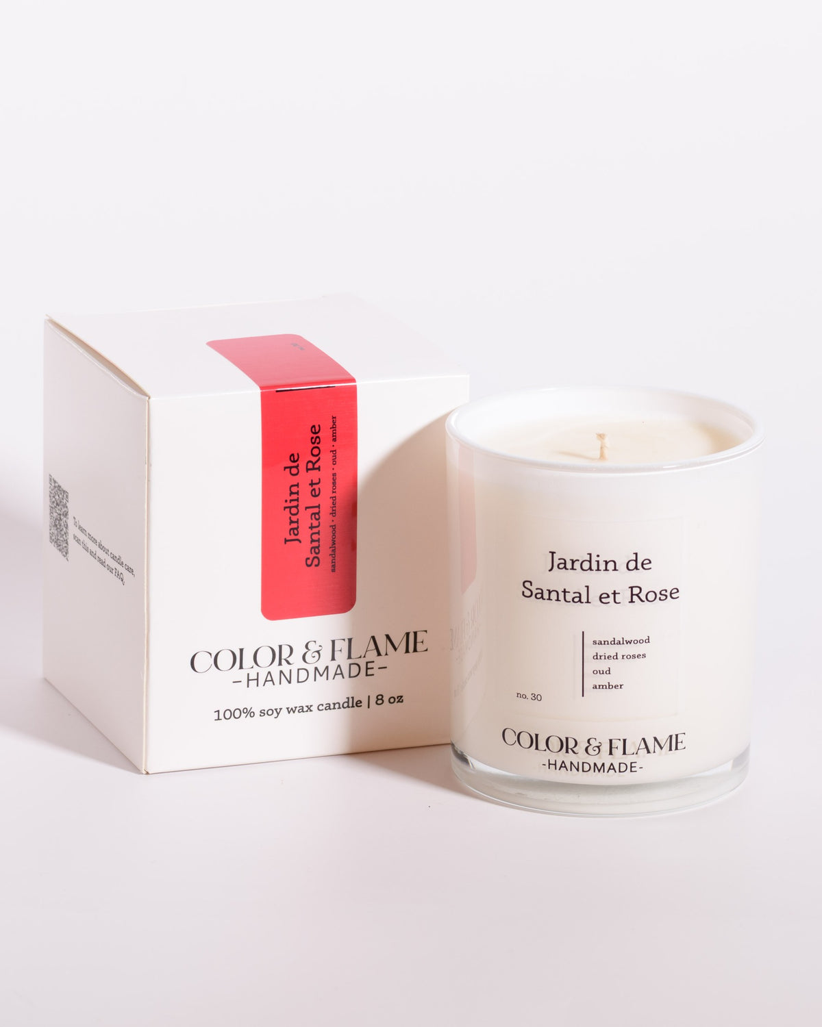 Color & Flame Handmade Jardin de Santal et Rose Core Collection candle displayed beside its white box.
