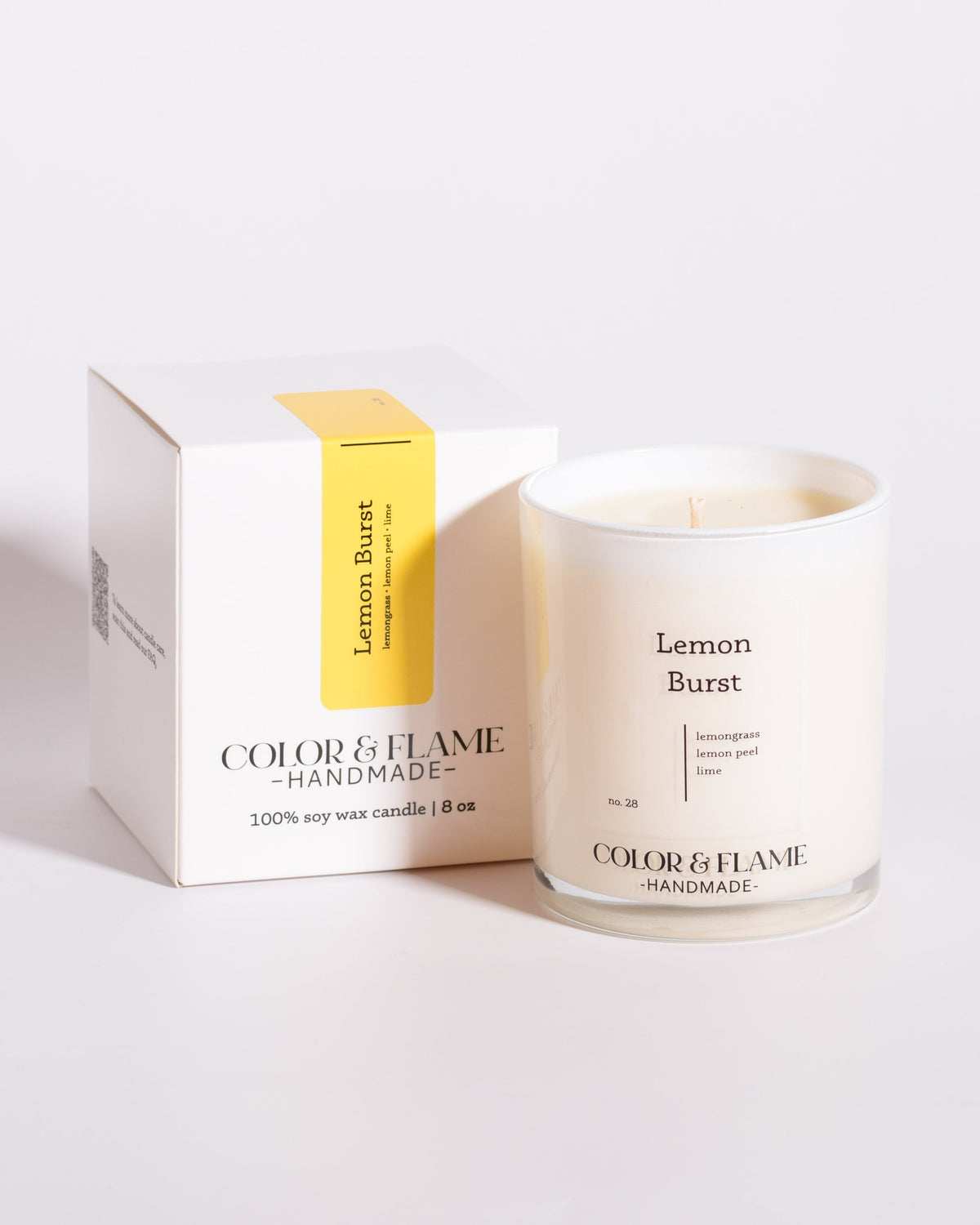 Color & Flame Handmade Lemon Burst Core Collection candle displayed beside its white box.
