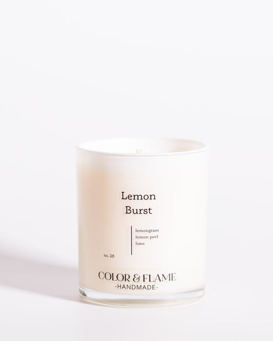 Color & Flame Handmade Lemon Burst Core Collection candle in a white glass jar.

