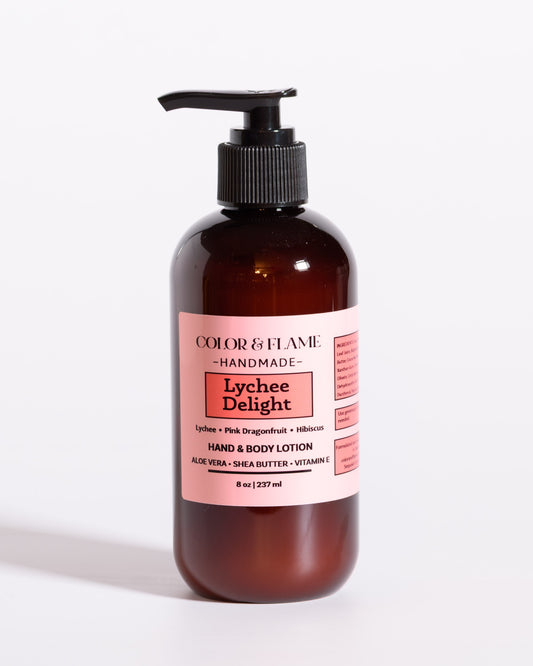 Color & Flame Handmade Lychee Delight hand and body lotion in an amber pump bottle.
