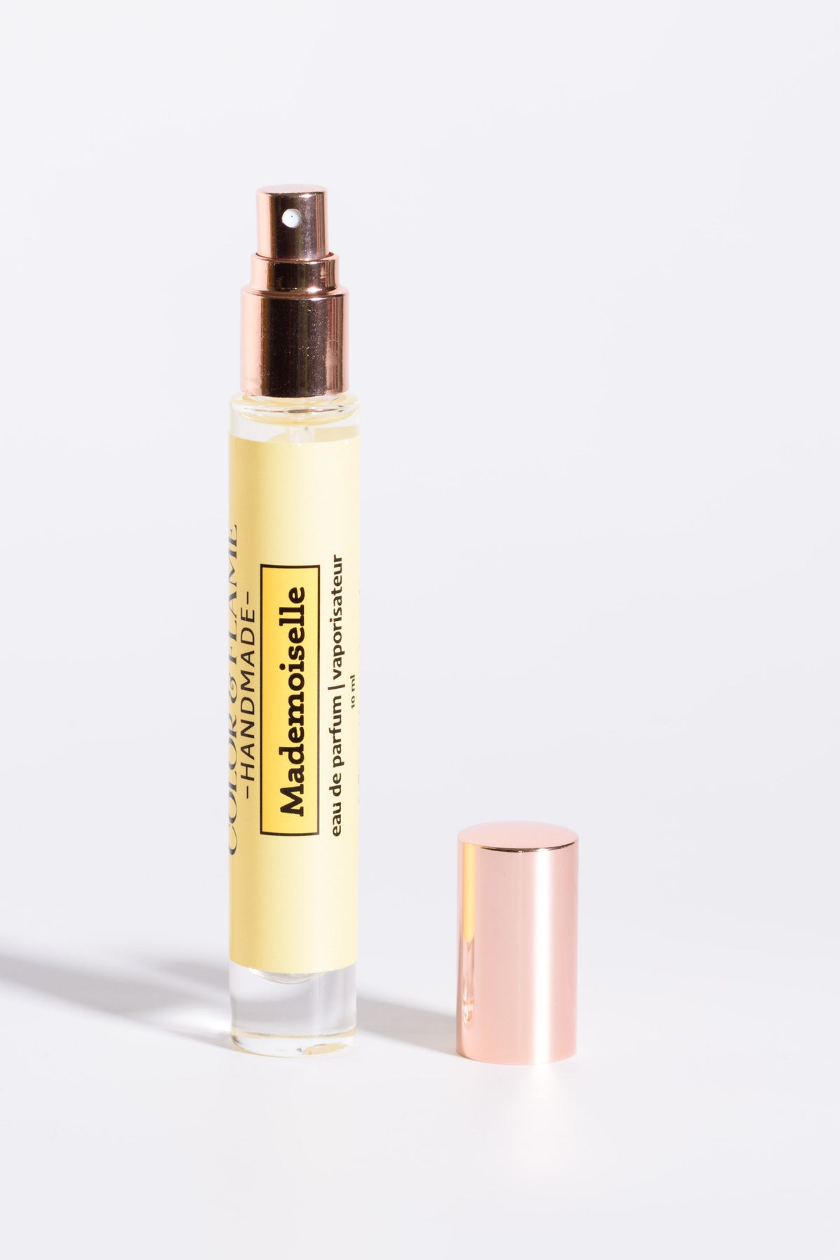 Color & Flame Handmade Mademoiselle 10 ml perfume spray with cap removed to show the atomizer.
