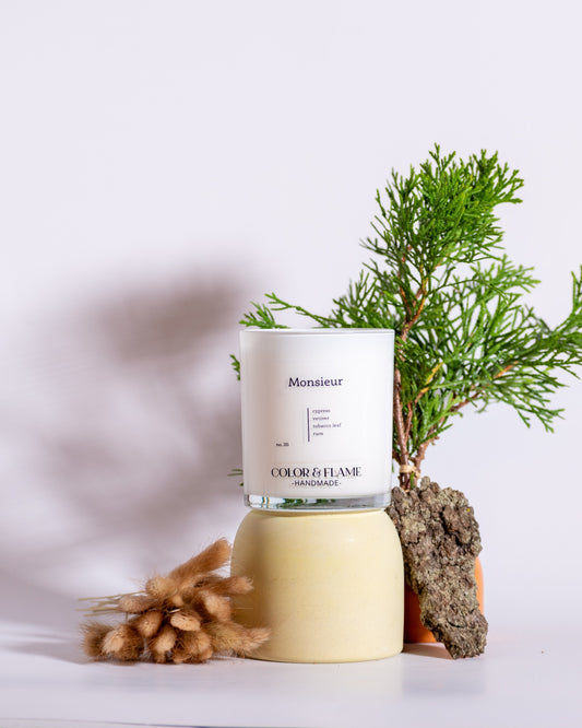 Color & Flame Handmade Monsieur candle styled with evergreen branches, bark, and soft brown dried botanicals.
