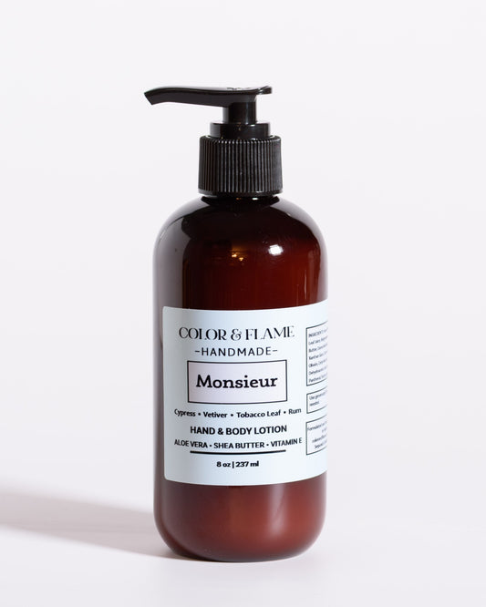Color & Flame Handmade Monsieur hand and body lotion in an amber pump bottle.
