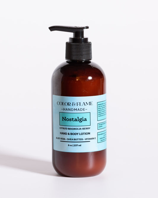 Color & Flame Handmade Nostalgia hand and body lotion in an amber pump bottle.

