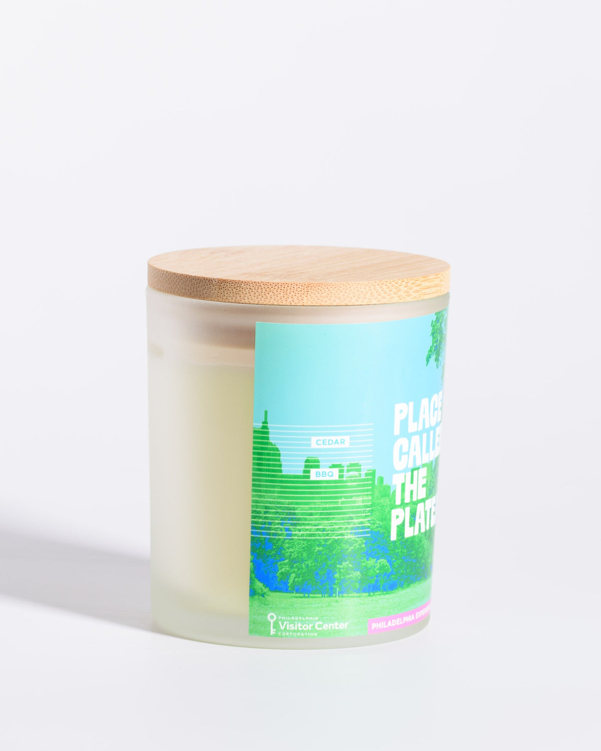 Left-side label view of the Color & Flame Handmade Place Called the Plateau Philadelphia Experiences candle.
