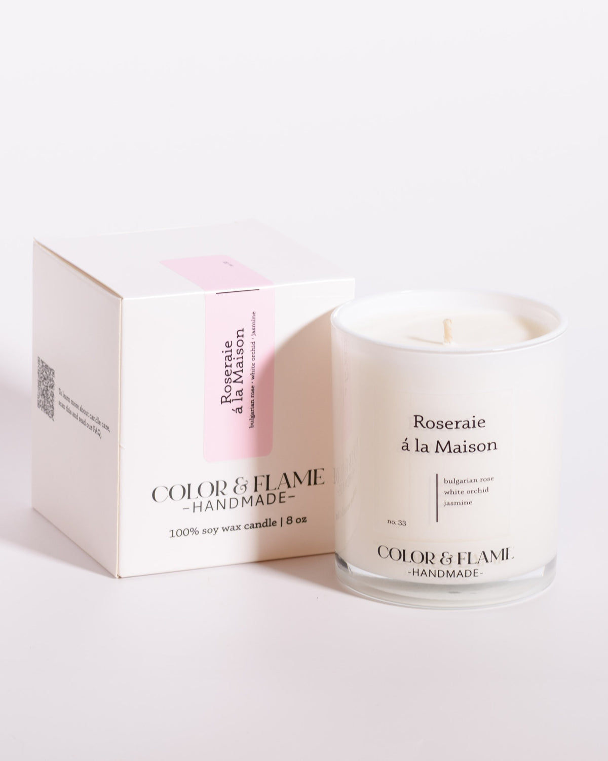 Color & Flame Handmade Roseraie à la Maison Core Collection candle displayed beside its white box.
