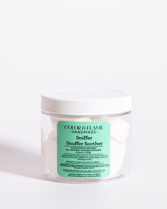 Color & Flame Handmade Sniffer Snuffer Soother eucalyptus shower steamers in a clear jar.
