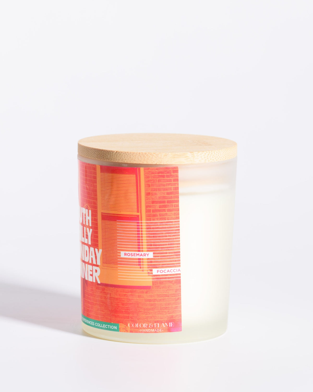 Right-side label view of the Color & Flame Handmade South Philly Sunday Dinner Philadelphia Experiences candle.
