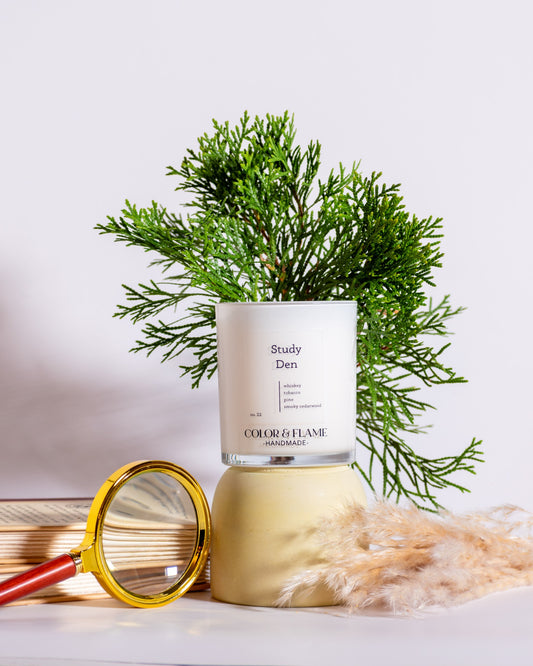 Color & Flame Handmade Study Den candle styled with evergreen branches, stacked books, a magnifying glass, and dried grasses.
