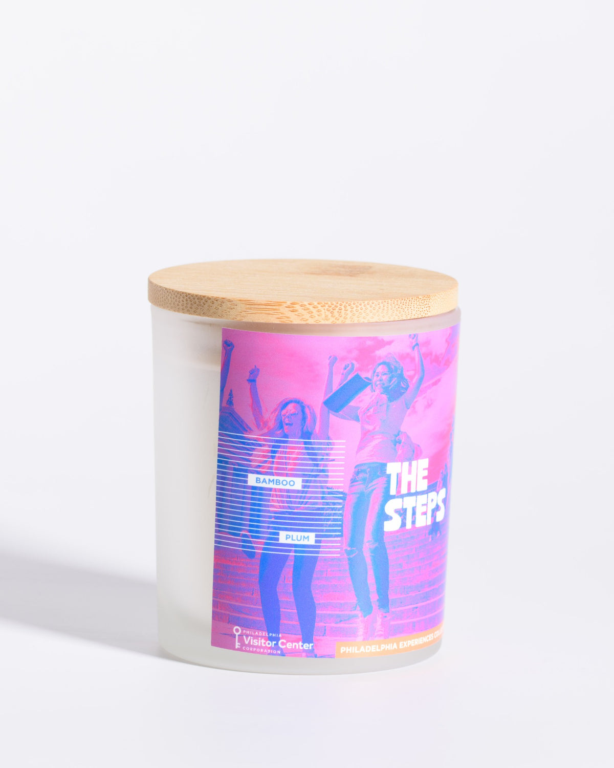 Left-side label view of the Color & Flame Handmade The Steps Philadelphia Experiences candle.
