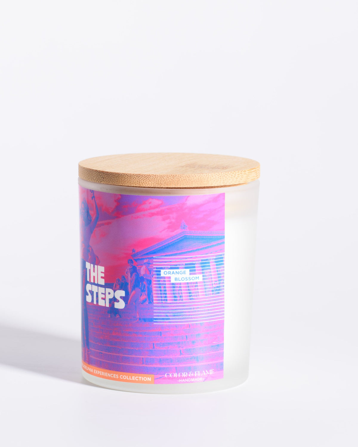 Right-side label view of the Color & Flame Handmade The Steps Philadelphia Experiences candle.
